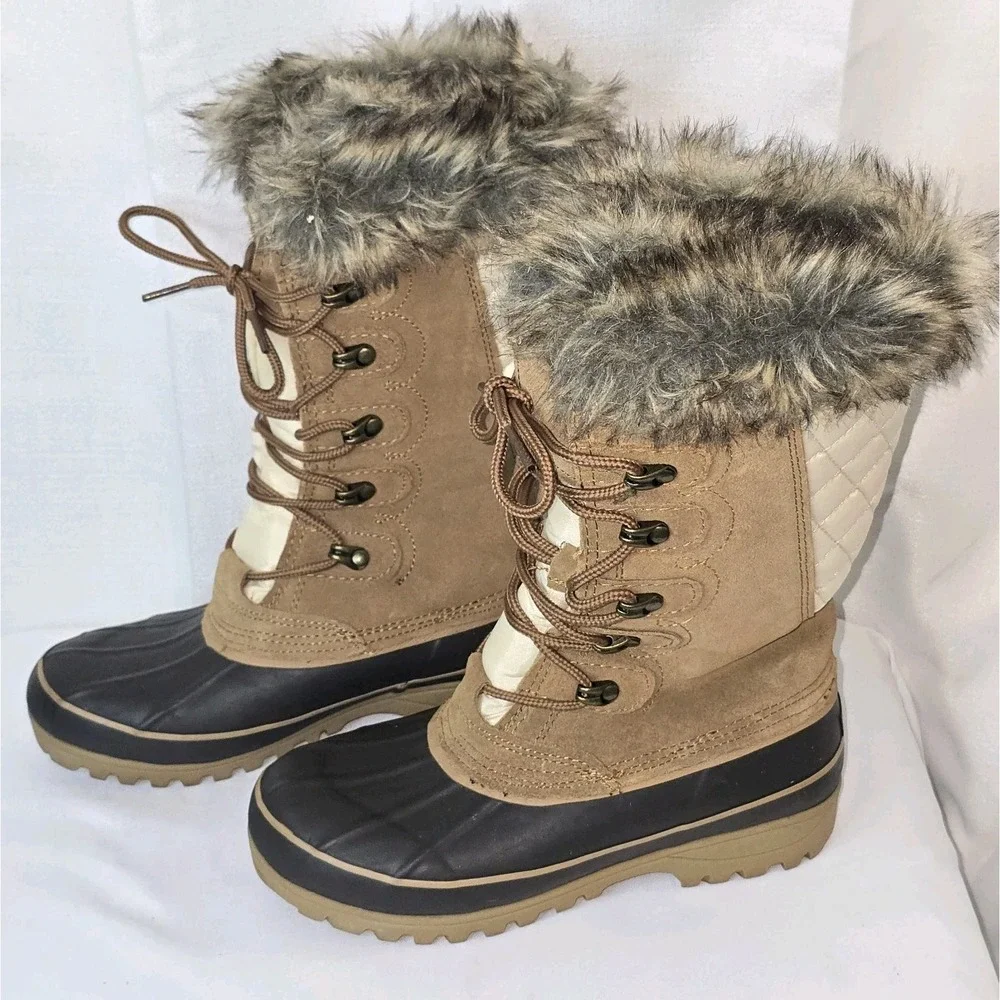 Khombu Nordic 2 Winter Snow Boots Brown Leather Faux Fur Lace Up Shoes Size‎ 6